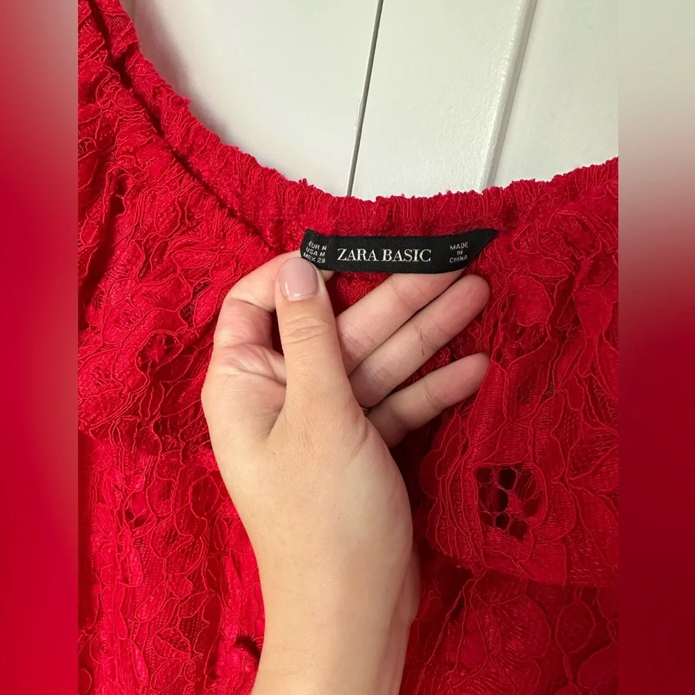 Zara Red Lace Midi Dress Button Down Size M Off-shoulder A Line Dress - Picture 11 of 15